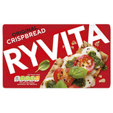 Ryvita - Original Crispbread - 200g: high fibre whole grain snack, shown in a red box topped with mozzarella, tomatoes, pesto, basil, and seasoning. Nutritional info is on the front.